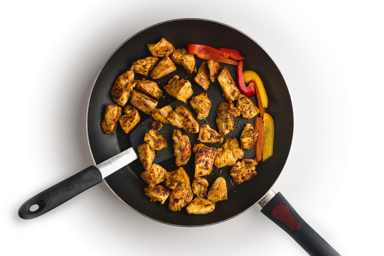 chicken, cooking, food, fry pan, frying, poultry, meat, dinner